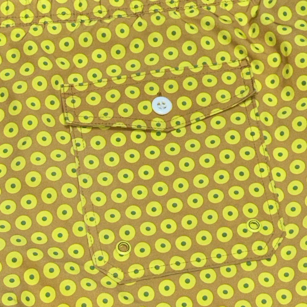 George Mens Swim Trunks XL 40-42 Yellow Tan Geometric Circle Print READ Unlined